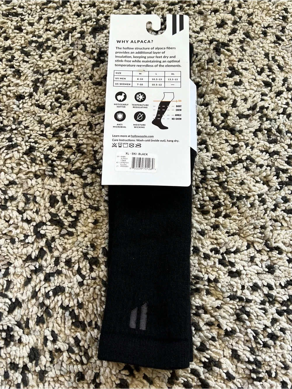 Hollow Alpaca Ski Socks All Day Warmth Black Size XL